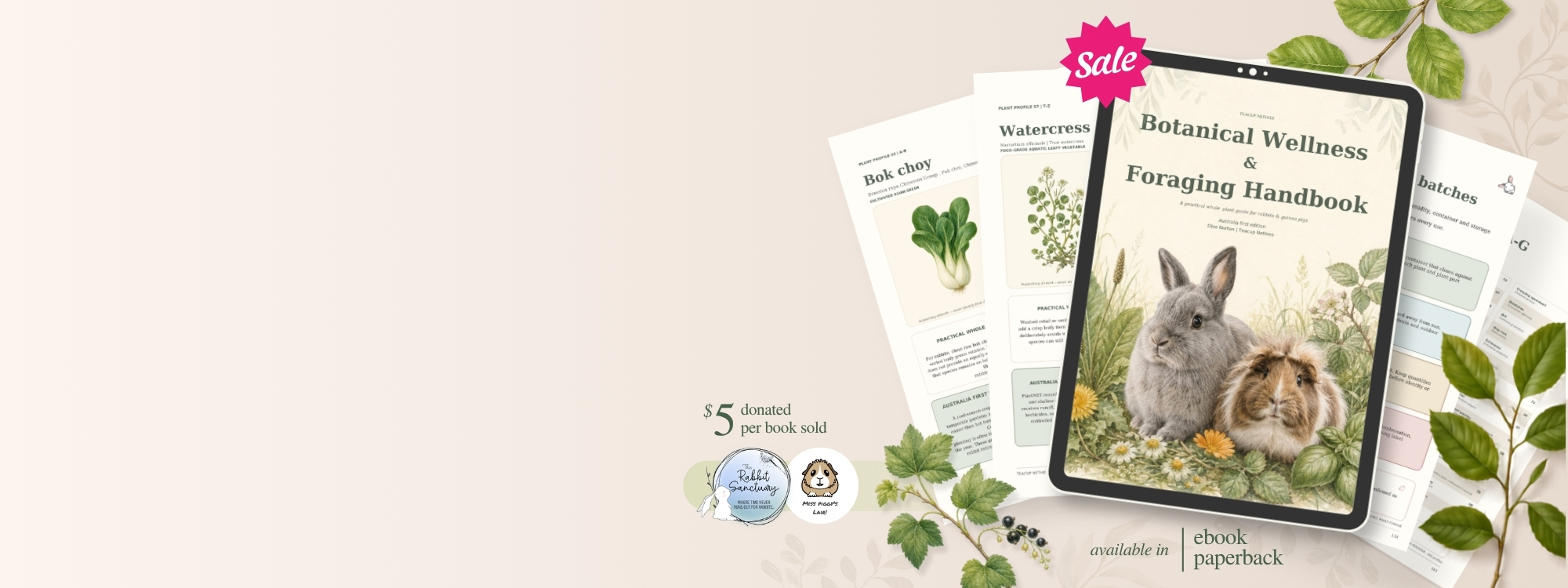 Teacup Nethies Botanical Wellness & Foraging Handbook displayed on a tablet with sample plant guide pages.